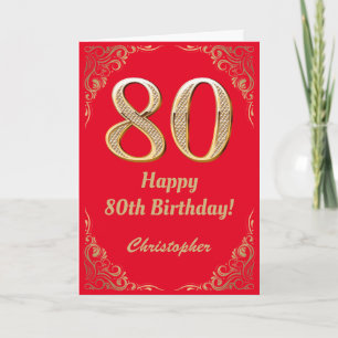 80e Birthday Red en Gold Glitter Lijst Kaart