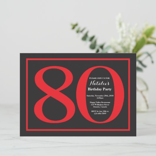 80e Birthday Red en zwart karton Kaart (Staand voorkant)
