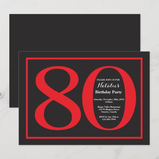 80e Birthday Red en zwart karton Kaart (Voorkant / Achterkant)