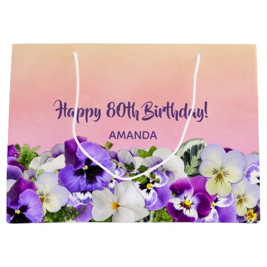 80e Birthday roze paarse forals monogram Groot Cadeauzakje (Voorkant)