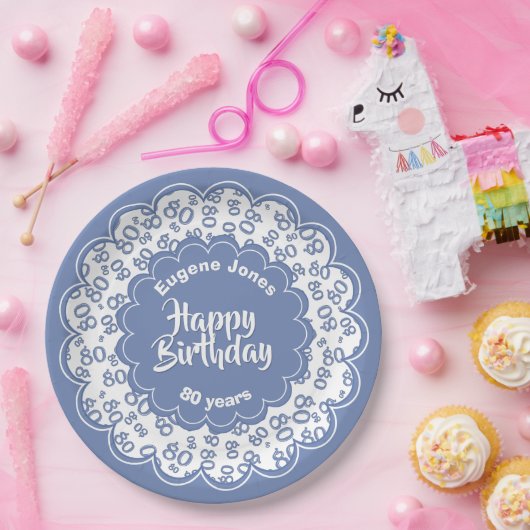 80e blauw/wit willekeurig getallenpatroon papieren bordje (Feest)