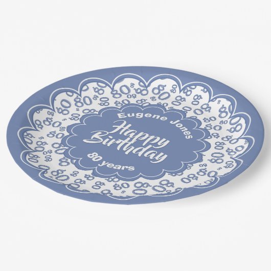 80e blauw/wit willekeurig getallenpatroon papieren bordje (Gekanteld)