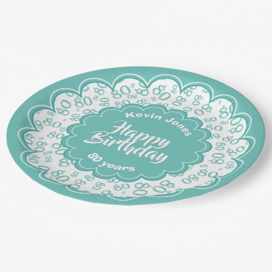 80e Blauwgroen/wit willekeurig getallenpatroon Papieren Bordje (Gekanteld)