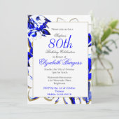 80e Floral Blue en White Spring Elegant Birthday Kaart (Staand voorkant)