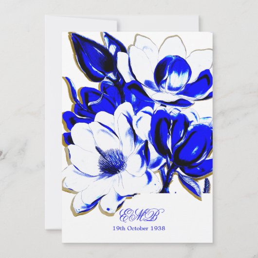 80e Floral Blue en White Spring Elegant Birthday Kaart (Achterkant)