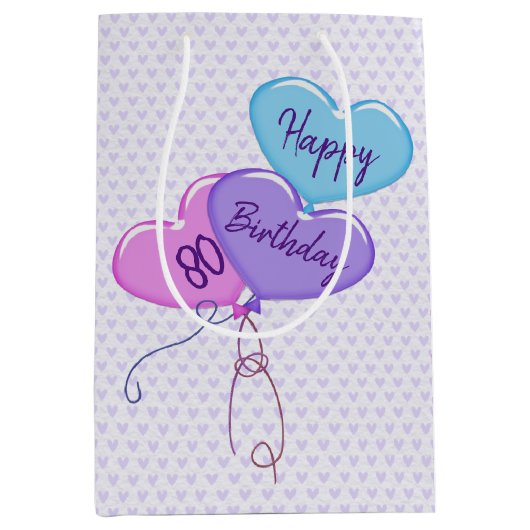80e geboortedag hartballonnen op harten medium cadeauzakje (Voorkant)