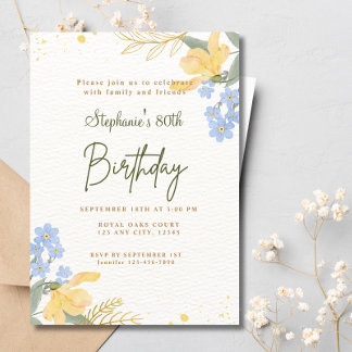 80e Gele Blauwe Bloemen Boho Aquarel Verjaardag Kaart
