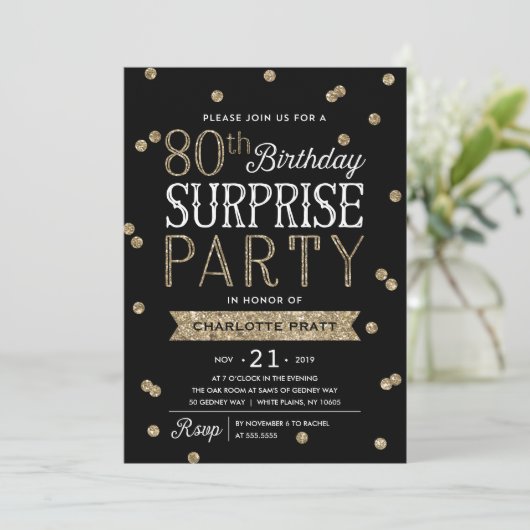 80e Glitter Confetti Surprise Party Invitation Kaart (Staand voorkant)