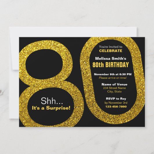 80e Gold Glitter Birthday Invitations Kaart (Voorkant)