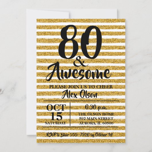 80e Gold Glitter Birthday Party-uitnodigingen (Voorkant)