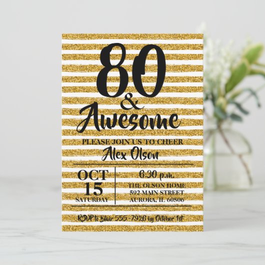 80e Gold Glitter Birthday Party-uitnodigingen (Staand voorkant)