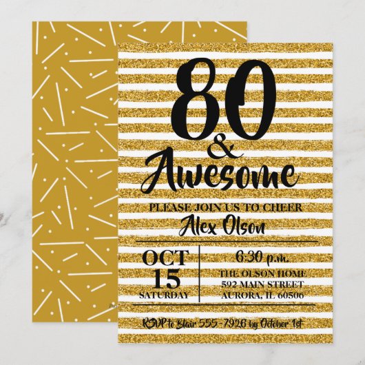 80e Gold Glitter Birthday Party-uitnodigingen (Voorkant / Achterkant)