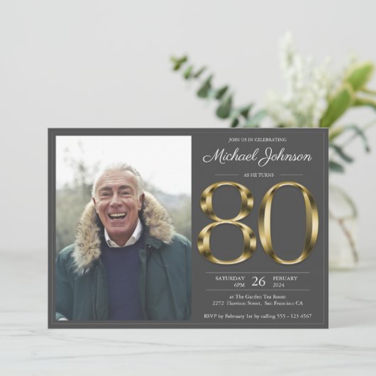 80e Gold Text Dark Grey Classy Foto van zaterdag Kaart (Staand voorkant)