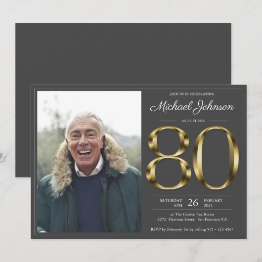 80e Gold Text Dark Grey Classy Foto van zaterdag Kaart (Voorkant / Achterkant)