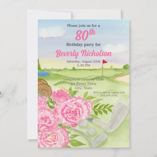 80e golf verjaardagsfeest pioenen op golfbaan kaart (Voorkant)