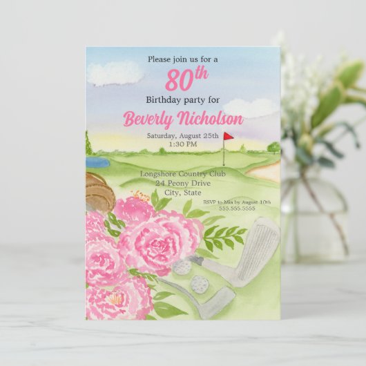 80e golf verjaardagsfeest pioenen op golfbaan kaart (Staand voorkant)