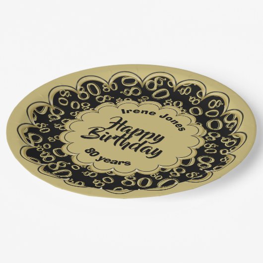 80e Goud/Zwart Willekeurig Getal Patroon Papieren Bordje (Gekanteld)