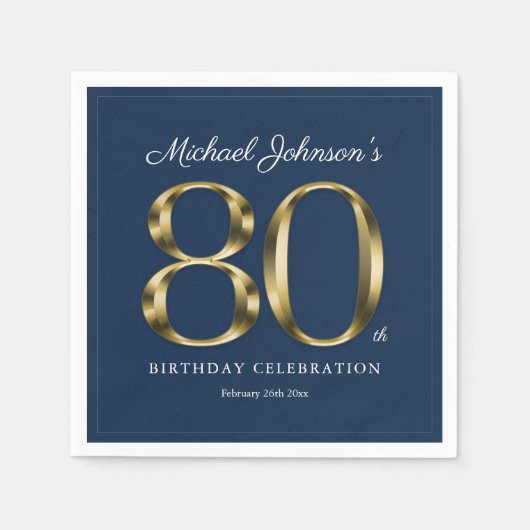 80e Klassieke Solid Gold Text Navy Blue Servet (Voorkant)