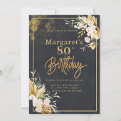 80e Moderne Zwart & Goud Bloemen Glitter Verjaarda Kaart (Voorkant)