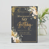 80e Moderne Zwart & Goud Bloemen Glitter Verjaarda Kaart (Staand voorkant)