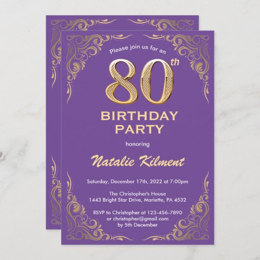 80e Paars- en goudglitter-Lijst op jaardag Kaart (Voorkant / Achterkant)