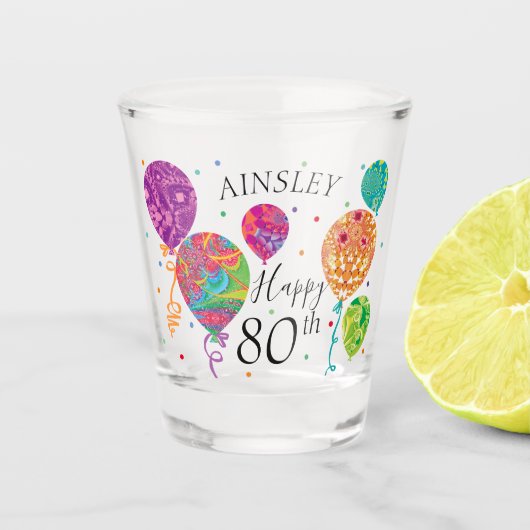 80e Paarse Aqua Verjaardag Ballonnen Custom Name Shot Glas (Voorkant)