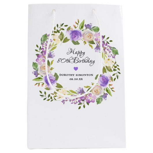 80e Paarse Floral Monogram geboortedag Medium Cadeauzakje (Voorkant)