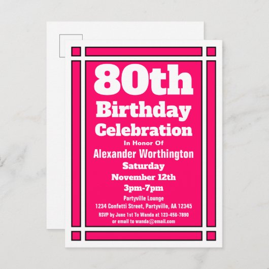 80e roze eenvoudige verjaardag nodigt Briefkaart u (Voorkant / Achterkant)