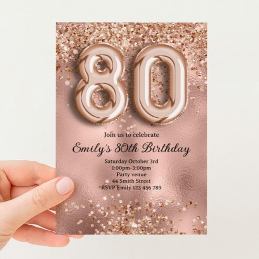 80e Roze Gouden Glitter Verjaardag Kaart