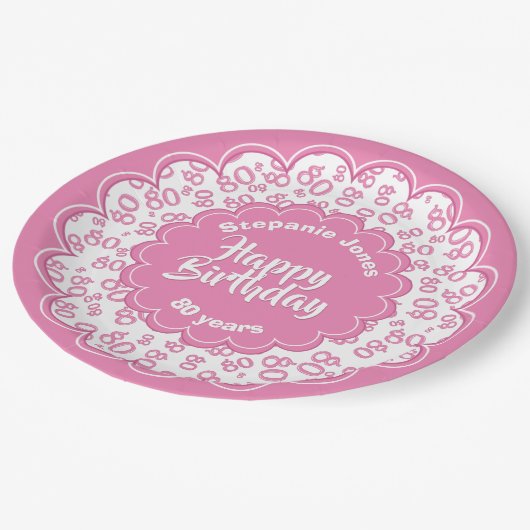 80e roze/witte willekeurige nummerpatroon papieren bordje (Gekanteld)