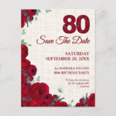 80e Save the Date - Rode pioenen op linnen Aankondigingskaart (Voorkant)