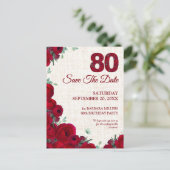 80e Save the Date - Rode pioenen op linnen Aankondigingskaart (Staand voorkant)