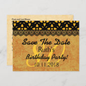 80e Save the Date Verjaardag Goud Zwart Kant V7 Aankondigingskaart (Voorkant / Achterkant)