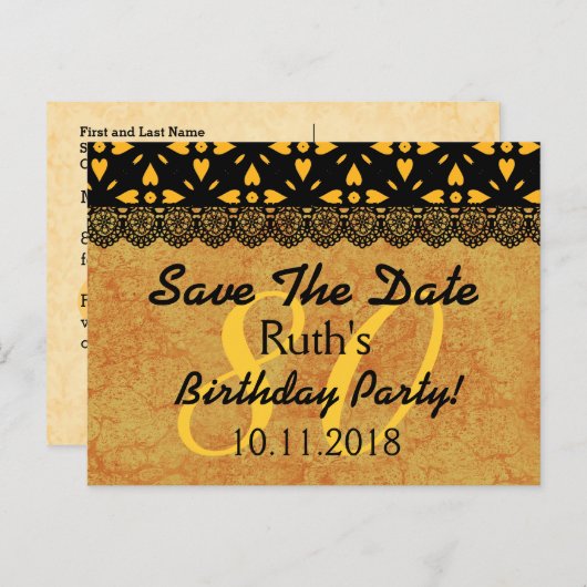 80e Save the Date Verjaardag Goud Zwart Kant V7 Aankondigingskaart (Voorkant / Achterkant)