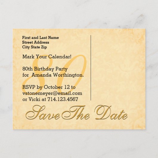 80e Save the Date Verjaardag Goud Zwart Kant V7 Aankondigingskaart (Achterkant)