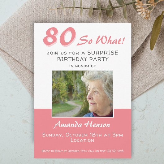 80e Surprise Birthday Party Photo Invitation Kaart