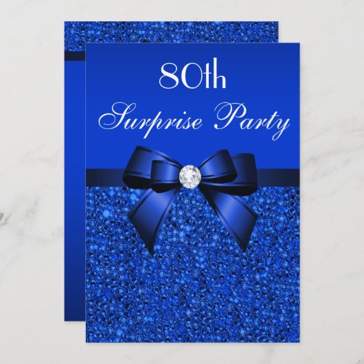80e Surprise Party Royal Blue Sequins en Bow Kaart (Voorkant / Achterkant)
