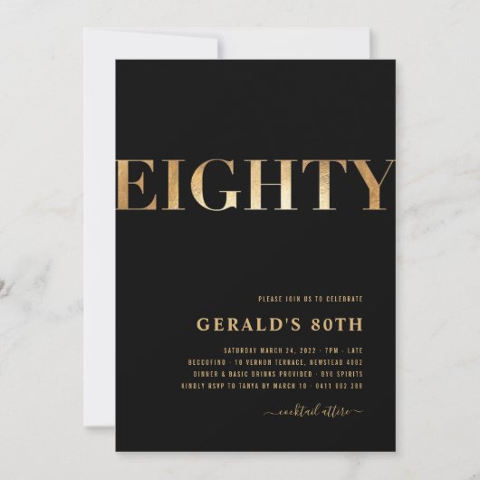 80e uitnodiging van de verjaardag | Zwart en goud (Voorkant)