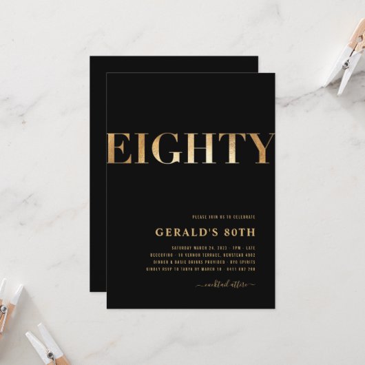 80e uitnodiging van de verjaardag | Zwart en goud (Voorkant / Achterkant in situ)
