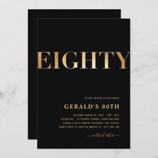 80e uitnodiging van de verjaardag | Zwart en goud (Voorkant / Achterkant)
