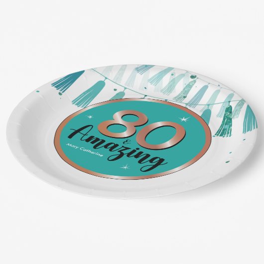 80e Verbazingwekkend Verjaardagsfeest Blauwgroen R Papieren Bordje (Gekanteld)