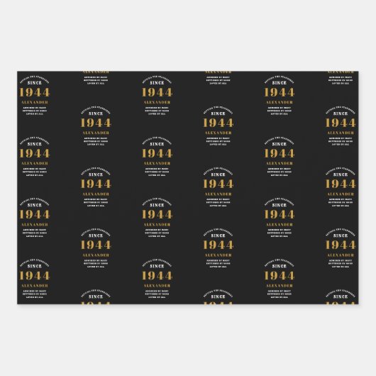 80e verjaardag 1944 Zwart Goud Chique Elegant Inpakpapier Vel (Voorkant)