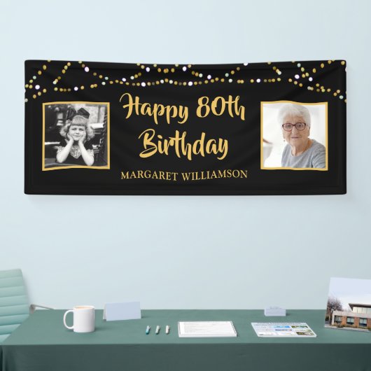 80e verjaardag 2 Foto zwart goudlicht Spandoek (Beurs)