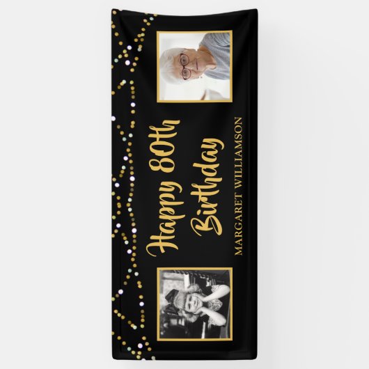80e verjaardag 2 Foto zwart goudlicht Spandoek (Verticaal)