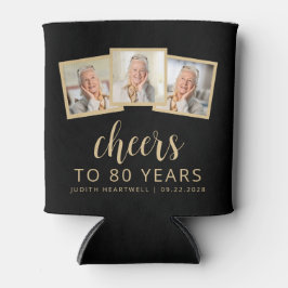 80e Verjaardag 3-Foto Zwart Goud Script Cheers Blikjeskoeler