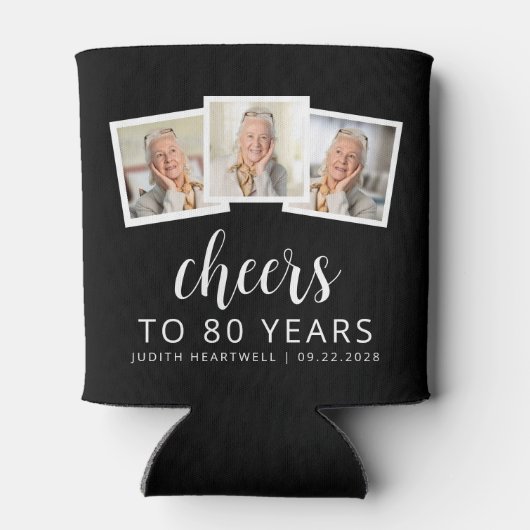80e Verjaardag 3-Foto Zwart Goud Script Cheers Blikjeskoeler (Achterkant)