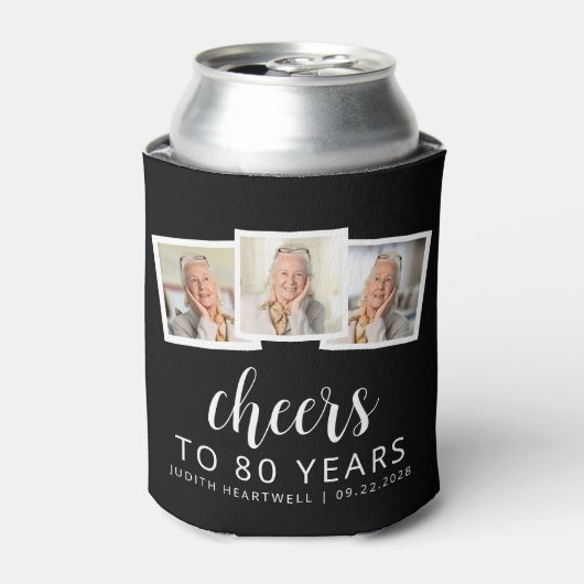 80e verjaardag 3-foto zwart wit script juichen blikjeskoeler (Blikje Voorkant)