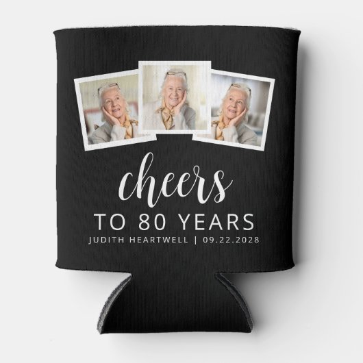 80e verjaardag 3-foto zwart wit script juichen blikjeskoeler (Voorkant)