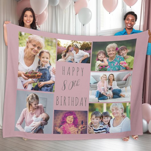 80e verjaardag 7 Foto Collage Pink Fleece Blanket Deken