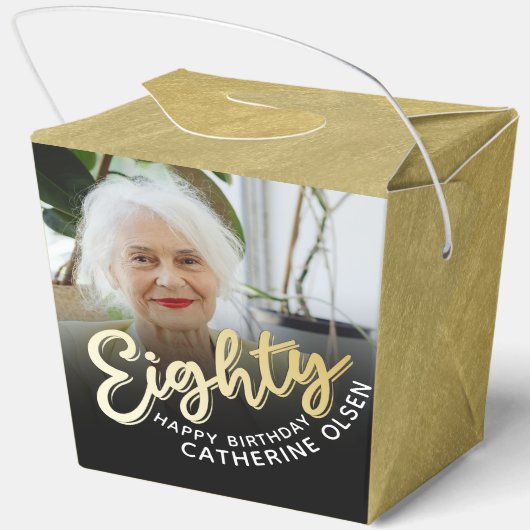 80e verjaardag 80 script gouden foto zwart bedankdoosjes (Achterkant)